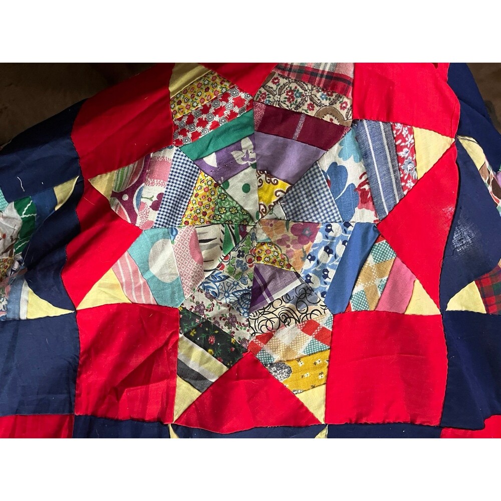 Vintage Handstitched Quilt Topper Red Navy Star Pattern Cottage core 82” x 71” - Picture 6 of 11